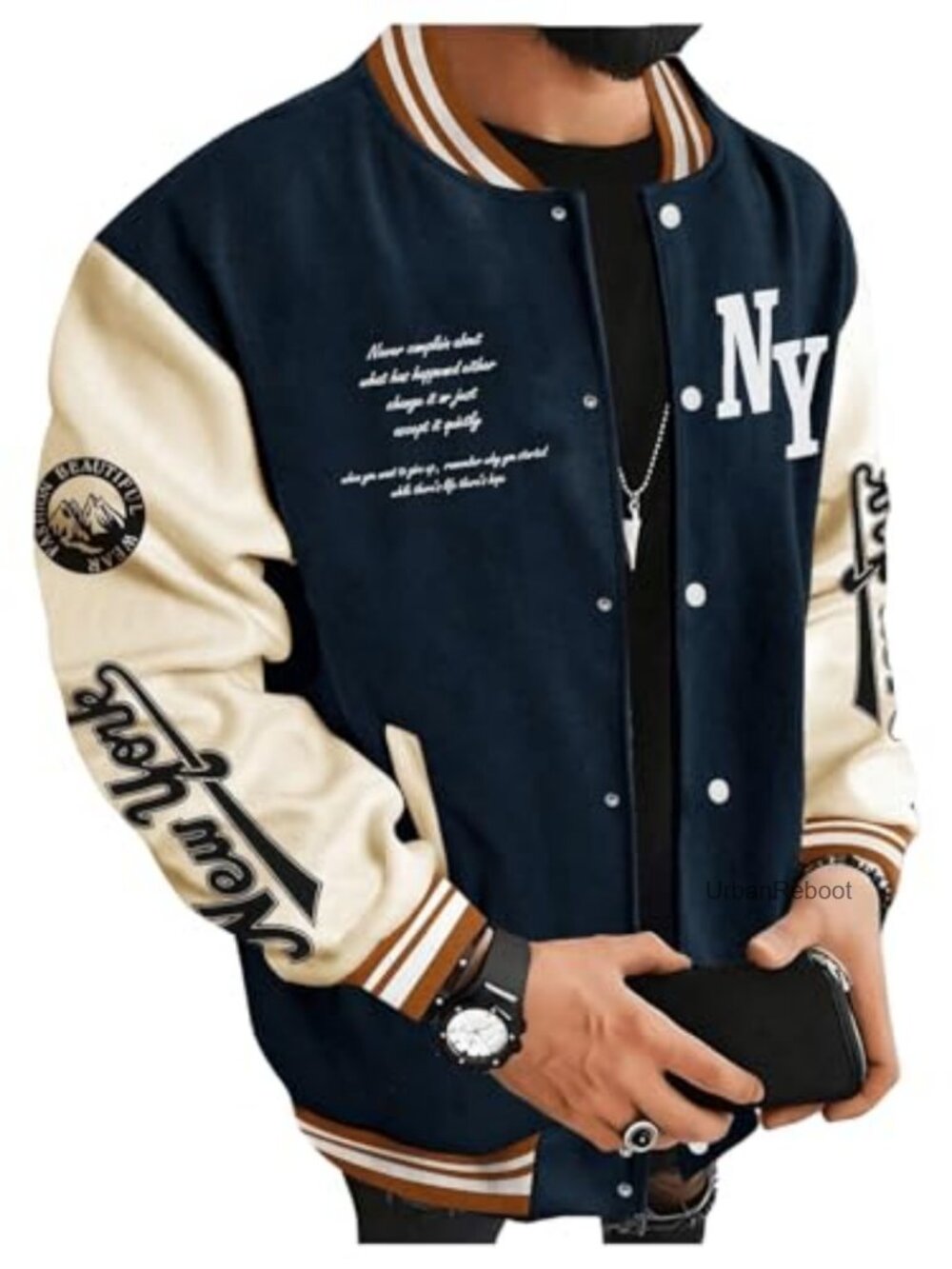 Men's Color Block Letter Graphic Long Sleeve Varsity Jacket Button Front